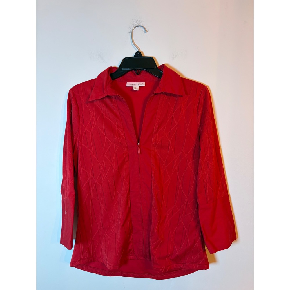 Coldwater Creek Zip Front Top Womens Small Red Textured Diamond 3/4 Sleeve Shirt